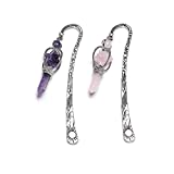 CrystalTears 2 Pcs Metal Bookmarks-Vintage Silver Star Sun Moon Rune Amethyst Rose Quartz Merkaba Charms Gift