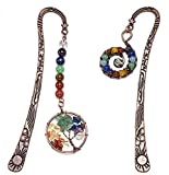 VadiForest 2pcs Metal Bookmark Healing Crystal Tumbled Stones Bookmark Antique Copper 7 Chakra Assorted Bead Vintage Bronze Bookmark Tree of Life and Whirlpool Sign Pendant Merkaba Spiral 4.8 inches