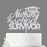 Sliver Glitter Nursing School Survivor Cake Topper, 2021 Nurse Graduation Cake Decor, Congrats RN/Class of 2021/Medical School Graduation Party Decorations