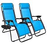 Best Choice Products Set of 2 Adjustable Steel Mesh Zero Gravity Lounge Chair Recliners w/Pillows and Cup Holder Trays, Light Blue