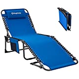 KingCamp Outdoor Chaise Lounge Chair, Portable Adjustable Tri-fold Lay Flat Lounge Chair for Outside Patio Beach Sunbathing Tanning Pool, Camping Reclining Chair with Shoulder Strap and Pillow, Blue