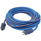 Clear Power 50 ft TPE Rubber Heavy Duty Extension Cord 12/3 SJEOW with Lighted Locking Connector, Oil Water & Weather Resistant, Flame Retardant, Blue & Orange, 3 Prong Grounded Plug, CP10091