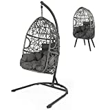 LAZZO Swing Egg Chair, Hanging Chair with C-type Hammock Chair Stand Set, Indoor & Outdoor Rattan Hammock Chair with Seat Cushion & Pillow for Patio Porch Lounge Bedroom (Grey, egg chair with C-stand)