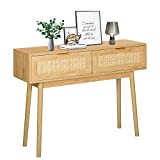 LAZZO 39" Console Table, Oak Grain Sofa Table with Wood Frame, Rustic Hallway Table with 2 Bamboo Weaving Storage Drawers for Foyer Living Room Entryway