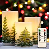 Christmas Flameless Candles Flicker, D3" x H4" 5" 6", Silverstro Christmas Tree Printed Real Wax Pillar LED Candles with 10-Key Remote, Battery Powered Candles for Christmas Home Decoration - Set of 3