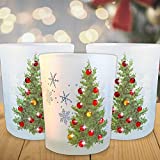 Christmas Tree Candle Holders - Set of 3 - Frosted Glass Holder with Red and Gold Jewels for Tree Decorations- Flameless Candles Included