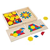 Melissa & Doug Pattern Blocks and Boards - Classic Toy With 120 Solid Wood Shapes and 5 Double-Sided Panels, Multi-colored - STEAM Toy, Wooden Pattern Blocks Animals, Tangrams Puzzle For Kids Ages 3+