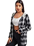 SheIn Women's Plaid Drawstring Hooded Blouse Long Sleeve Button Down Work Hoodie Shirt Top Jackets Black and White Large