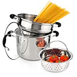 AVACRAFT 18/10 Stainless Steel, 4 Piece Pasta Pot with Strainer Insert, Stock Pot with Steamer Basket and Pasta Pot Insert, Pasta Cooker Set with Glass Lid, 7 Quart