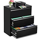 Greenvelly 3 Drawer Black Lateral File Cabinet, Steel Lateral Filing Cabinet Lock Legal Letter Lockable Metal Office File Cabinets 4 Adjustable Hanging Bars 2 Keys (Metal Fame), 42 H x 36 L x 17.7W