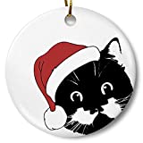 Santa Cat Holiday Ornament, Christmas Cat Ornament, Cat Lover Christmas Ornament, 3" Flat Ceramic Ornament with Gift Box