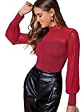Romwe Women's Tie Neck Sheer Contrast Mesh Long Sleeve Sexy Blouse Top Red S