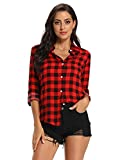 Aeslech Lightweight Plaid Shirts for Women, Classic Button Down Roll Up Sleeve Casual Tops Blouse B Red L