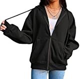 Meladyan Women Y2K Aesthetic Oversized Zip Up Hoodie Solid Fleece Long Sleeve Kangaroo Pocket Sweatshirt Jacket Pullover Black