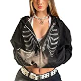 Women Skeleton Zip Up Hoodies Aesthetic Oversized Hooded Sweatshirt Jacket Tops E-Girl Streetwear Fall Clothes (B-black rhinestones skeleton, X-Large)