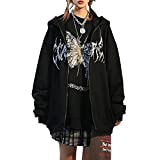 Oversized Zip Up Hoodies for Women Y2k Skull Graphic Print Long Sleeve Sweatshirt Vintage Jacket Fall Winter Clothes