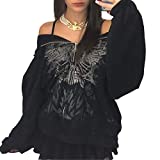 Women Y2k hoodie Zip up Oversized Top Gothic Clothes Alt Sweatshirt Aesthetic Long Sleeve Vintage Punk Blouse (Black Wings, L)