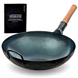 YOSUKATA Blue Round Bottom Wok Pan  14" Woks and Stir Fry Pans - Chinese Hammered Pow Wok Carbon Steel Wok - Traditional Chinese Japanese Woks - Blue Steel Wok (14", Blue)