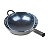  ZhenSanHuan Chinese Hand Hammered Iron Woks and Stir Fry Pans, Non-stick, No Coating, Carbon Steel Pow (34CM, BlueBlack Seasoned with help handle)