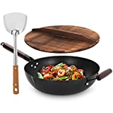 Hand Hammered Carbon Steel Wok, Wooden Lid & Asian Spatula with Wooden Handle - Stir Fry Pan for Chinese, Japanese, and Cantonese Cuisine – Flat Bottom Wok for Asian Cooking by Cookeries