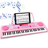 WOSTOO Electric Keyboard Piano for Kids-Portable 61 Key Electronic Musical Karaoke Keyboard, Learning Keyboard for Children w/Drum Pad, Recording, Microphone, Pink