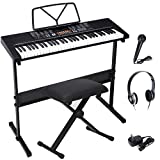 Saturnpower 61-Key Portable Electronic Keyboard Piano with Built In Speakers, Headphones, Microphone, Dual Power Supply, Piano Stand, Music Sheet Stand and Stool for Beginner (Kid & Adult) Black