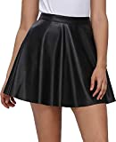 Fahsyee Plus Size Leather Skirt, Women's Black Pleated Skater Mini A-line Vegan Faux High Waist Casual Stretchy Size XXL