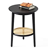 Harmati Round Side Table with Storage - Black End Table for Living Room, Bedroom and Small Spaces, Modern Accent Bedside Tables Easy Assembly, Solid Wood Legs & Natural Rattan