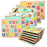 WOOD CITY Toddler Puzzles and Rack Set, Wooden Peg Puzzles Bundle with Storage Holder Rack, Educational Knob Puzzle for Kids Age 2 3 4 Years - Alphabet Number Shape Dinosaur Animal Vehicle