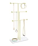 Umbra Trigem Hanging Jewelry Organizer Tiered Tabletop Countertop Free Standing Necklace Holder Display, 3, Brass/White