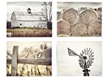 Farmhouse Decor Wall Art Set of 4 Fine Art Prints (Not Framed). Country Rustic Landscape Photographs. Barn Fence Hay Windmill. Beige, Tan, White. (4 8x10 Prints)
