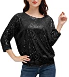 Plus Size Holiday Party Sparkle Sequin Top Short Sleeve Shimmer Glitter Tunic Tops L Black