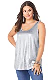 Roamans Women's Plus Size Scoopneck Metallic Tank Top Top Sleeveless Sparkle Shirt - 26/28, Silver Shimmer Metallic