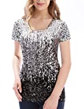 MANER Women's Full Sequin Tops Short Sleeve Sparkle Shirt Shimmer Glitter Party Blouses. (Silver/Gray/Black, S/US 4-6)