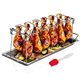 Sandtix Chicken Leg Wing Rack Stainless Steel Vertical Roaster Stand for Grill Smoker or Oven with Drip Pan for Grilling Vegetables on The BBQ, Dishwasher Safe, with a Silicone Basting Brush
