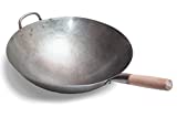 Craft Wok Big 16 Inch Heavy Hand Hammered Carbon Steel Pow Wok with Wooden and Steel Helper Handle (Round Bottom) / 731W138