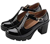 DADAWEN Women's Classic T-Strap Platform Mid-Heel Square Toe Oxfords Dress Shoes Black US Size 8