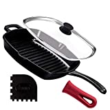 Cuisinel Cast Iron Grill Pan + Glass Lid + Silicone Handle Cover + Pan Scraper - 10.5"-inch Pre-Seasoned Square Skillet - Stovetop, Induction Safe - Indoor/Outdoor Use - for Grilling, Frying, Sautéing