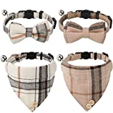 4 Pieces Bow Tie Cat Collar Bandana, Breakaway Pet Collar Bandana with Classic Plaid Adjustable Cat Collar with Scarf and Bowtie, Girl Boy Pet Kitten Collar Bandana with Bell for Cat Puppy Small Dog