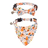 ADOGGYGO Breakaway Cat Collar with Bow Bandana, Kitten Collar with Removable Bowtie Bandana Cute Flower Pattern Cat Bowtie Bandana Collar for Cat (Orange Floral)