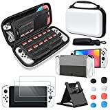 Accessories Bundle Compatible with Nintendo Switch OLED, Carrying Case with Shoulder Strap for Switch OLED and Tempered Glass Screen Protector, Protective Cover Case, Kickstand &Thumb Grip Caps- White