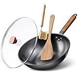 Chulkurs 12.5" Flat Bottom Wok Pan, No Chemical Woks and Stir Fry Pans with Lid, Wok Brush & Spatula, Carbon Steel Wok with Detachable Wooden Handle for all Stoves
