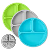 Hippypotamus Toddler Plates with Suction - Baby Plates - 100% Food-Grade Silicone Divided Plates - BPA Free - Microwave & Dishwasher Safe - Set of 3 (Blue/Gray/Green)