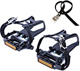 YBEKI Bike Pedals with Clips and Straps, for Exercise Bike, Spin Bike and Outdoor Bicycles, 9/16-Inch Spindle Resin/Alloy Bicycle Pedals, Half Year Warranty (Black)