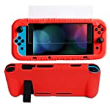 Kconn Protective Silicone Case for Nintendo Switch, Grip Cover with Tempered Glass Screen Protector, 2 Storage Slots for Game Cards, Soft and Durable, Shock-Absorption & Anti-Scratch (Warm Red)