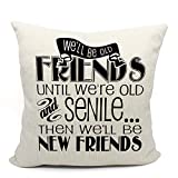We'll be Old Friends Until We're Old and Senile Throw Pillow Case, Friends Gift, Birthday Gifts for Friends, Friendship Gifts, 18 x 18 Inch Linen Cushion Cover for Sofa Couch Bed
