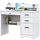 Computer Desk with Drawers and Hutch, Farmhouse Home Office Desk Writing Table Wood Executive Desk Student Desk with File Drawer for Bedroom, Small Space, White