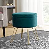 Ornavo Home Modern Round Velvet Storage Ottoman Foot Rest Vanity Stool/Seat with Gold Metal Legs & Tray Top Coffee Table - Teal
