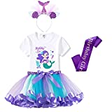 Mermaid Outfit Set – Shirt, Rainbow Tutu Dress, Satin Sash, Headband – Birthday Gifts for Girls Costume (Rainbow Mermaid 3, 7 Years)