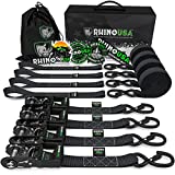 RHINO USA Ratchet Straps Tie Down Kit, 5,208 Break Strength - Includes (4) Heavy Duty 1.6" x 8' Rachet Tiedowns with Padded Handles & Coated Chromoly S Hooks + (4) Soft Loop Tie-Downs (Black 4-Pack)